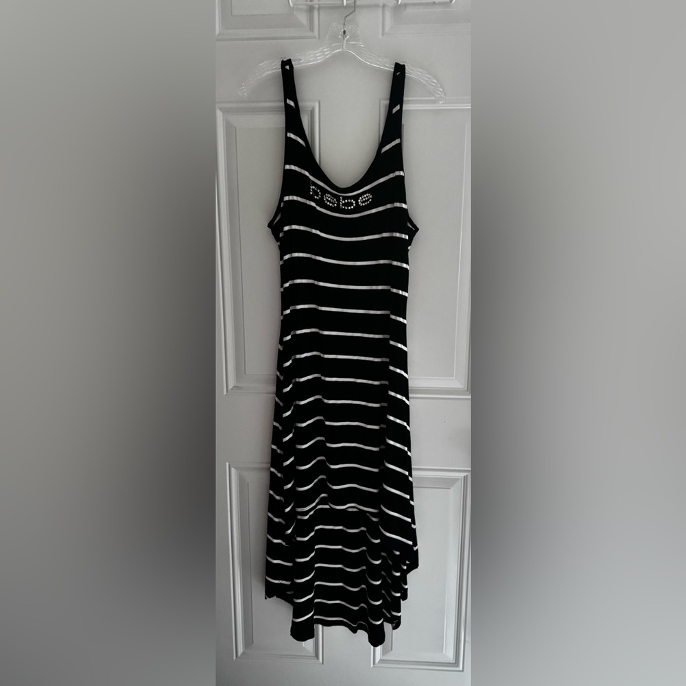 bebe Black and White Striped Midi Dress with Hi Lo hem